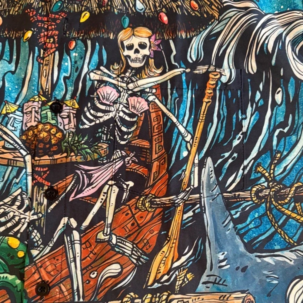 Hardaddy Mens Button Down Shirt Sea Monster Skeleton Tiki Blue M Hawaiian